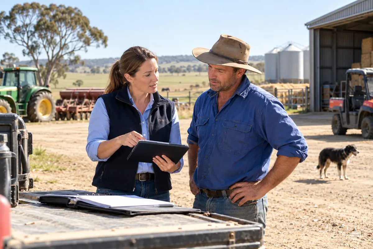 Agriculture workers discussing operations in the field