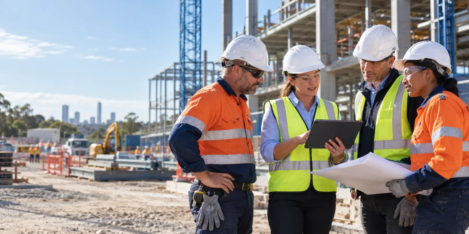 Construction team reviewing a building project on site