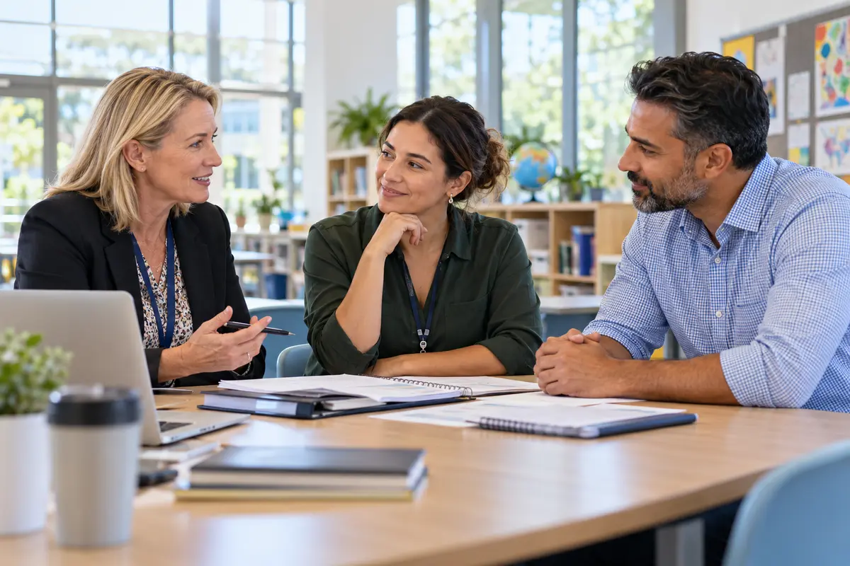 Education team discussing work in a learning environment