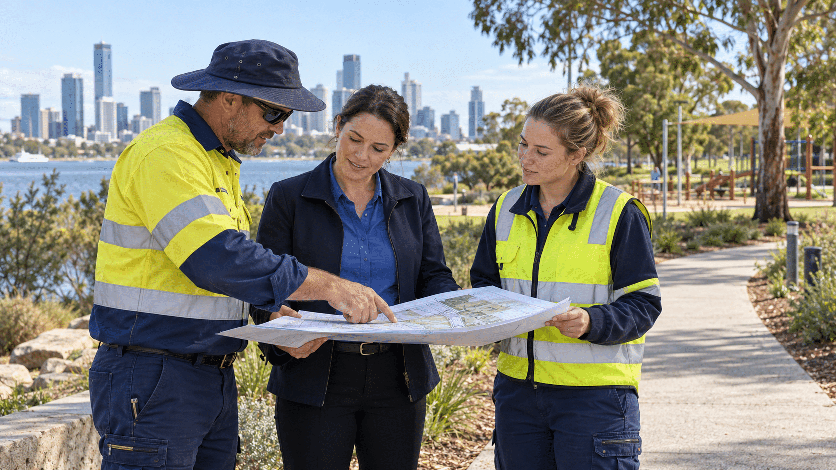 Council staff reviewing a public infrastructure plan outdoors