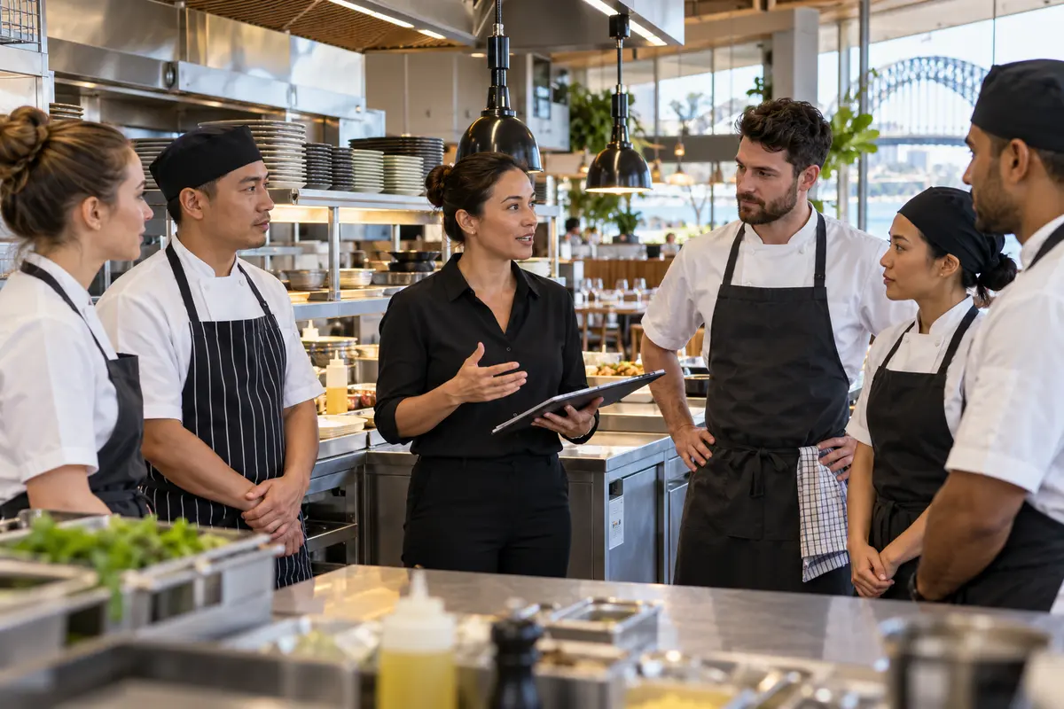 Hospitality team working in a customer service setting