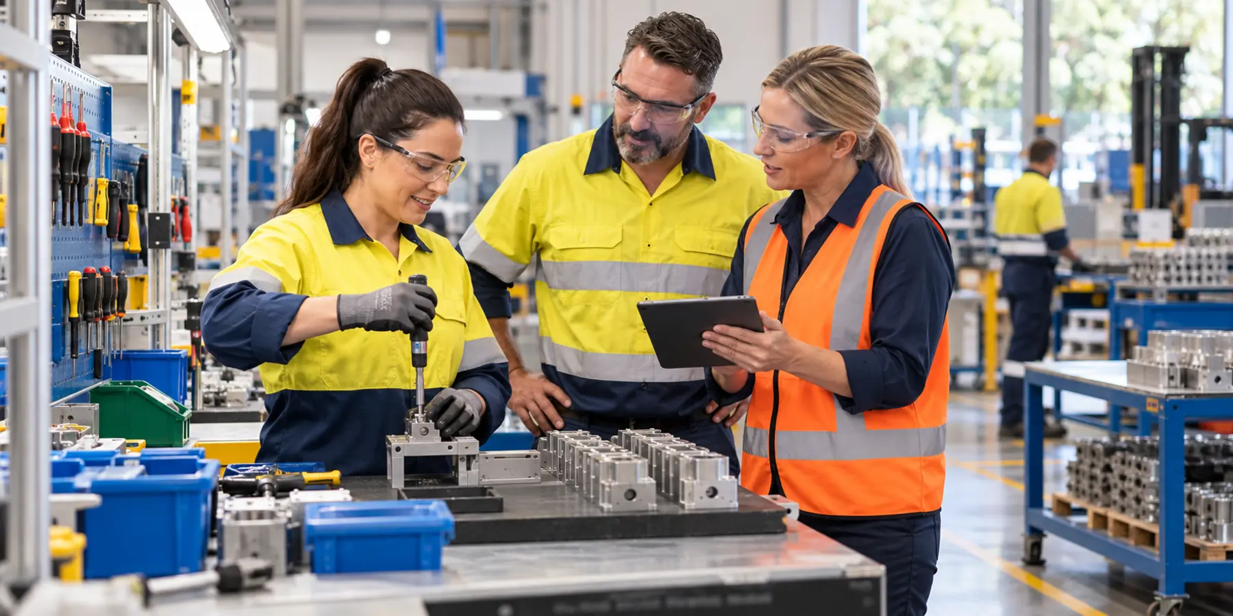 Manufacturing team planning work on a production site