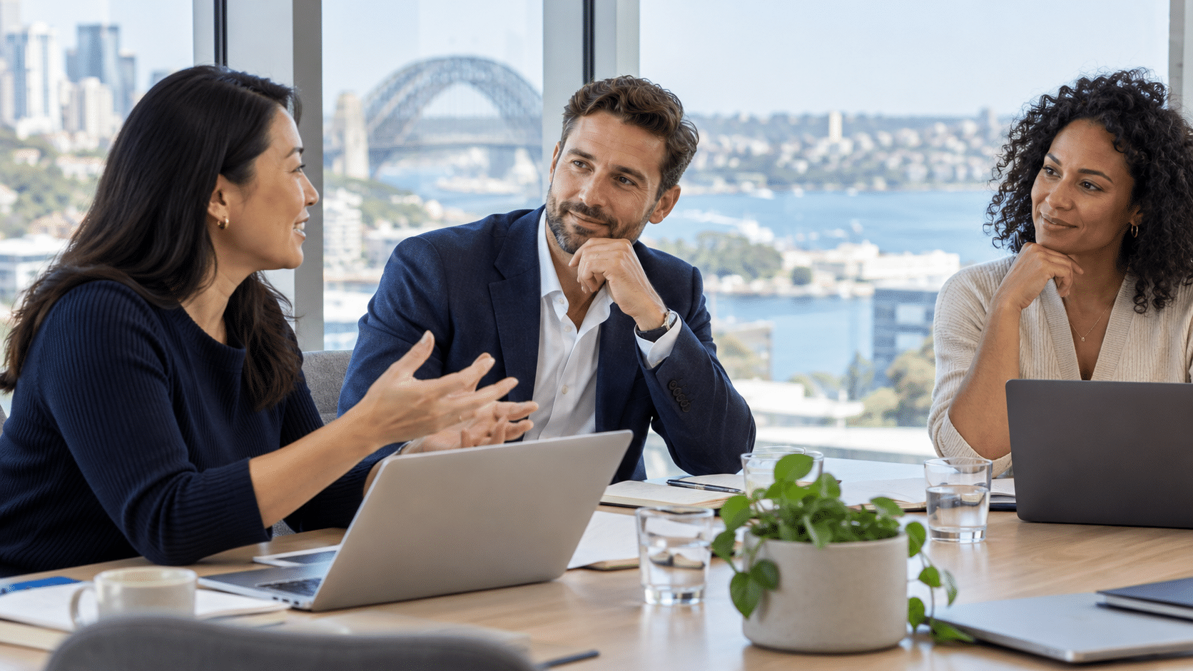 Professional services colleagues discussing workplace priorities in an office