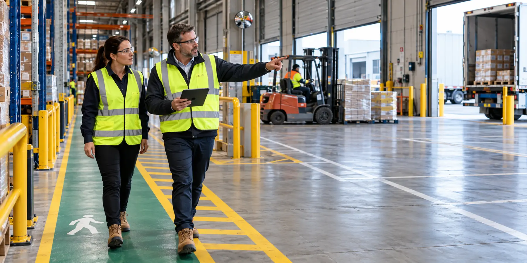 Logistics team discussing workplace risk in a warehouse