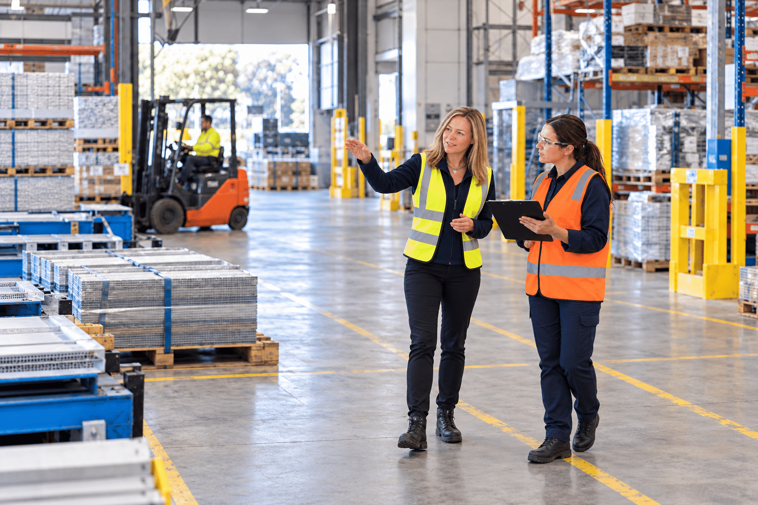 Julie Ring reviewing a warehouse forklift area with a site supervisor