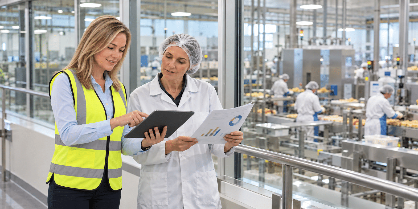 Julie Ring reviewing WHS systems with a food manufacturing manager